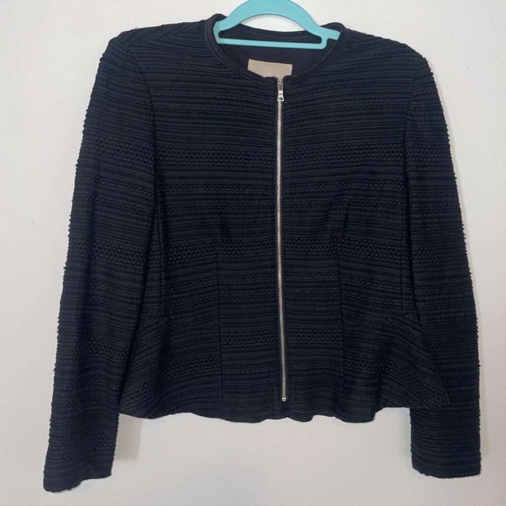 Rebecca Taylor Black Peplum Zip Front Jacket Size 10 Knit Quilt Crop Silk Lined